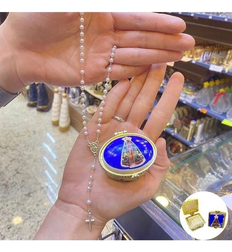 Porta Joia Miniatura 4 Peças Guardar Terço Nossa Senhora Cor Azul