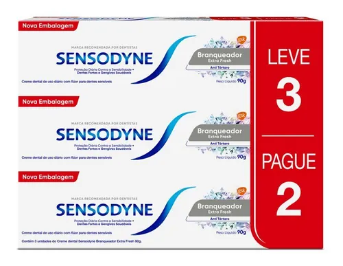 comprar Creme Dental Sensodyne Branqueador para Dentes Sensíveis Extra Fresh, Anti Tártaro, Proteção Diária, Leve 3 Unidades e Pague 2, 90g Cada
