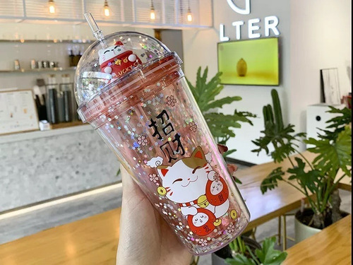Termo Contenedor Botella Agua Gato Japones Con Popote 450ml