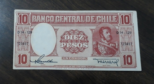 Billete Chile 10 Pesos 1 Cóndor, Muy Bueno ++