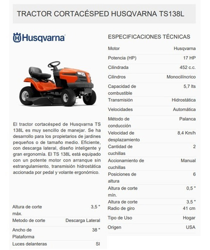 Mini Tractor Cortacésped Husqvarna Ts138l 17hp 38 PuLG