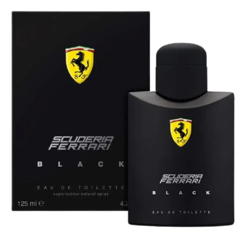 Frasco de perfume Ferrari Black de 125ml ao lado de sua caixa preta com o logotipo da Scuderia Ferrari