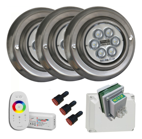 Pack 3 Luz Pileta 20w Rgb Fuente 6a/control/pasamuros/caja 