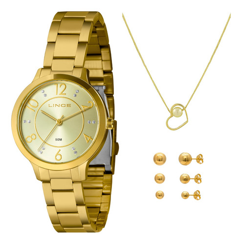 Relogio Feminino Lince Dourado Kit Colar Coração Strass Top