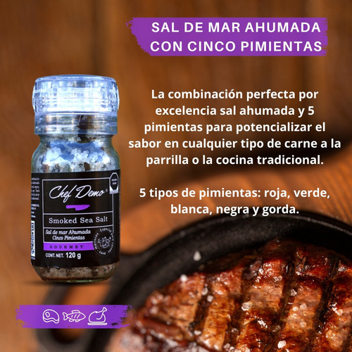 Sal De Mar Ahumada Grano 5 Pimientas Molino 120g Chef Demo