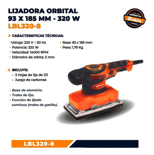 Lijadora De Mano Orbital Lusqtoff 1/3 De Hoja 320w 14000 Rpm