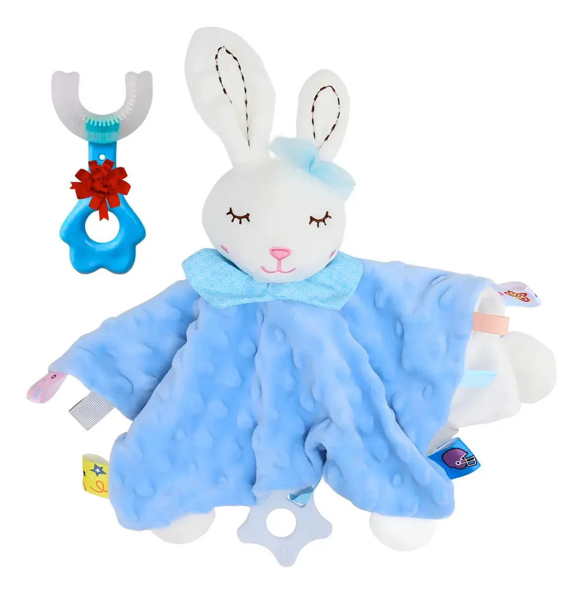 Manta Apego Peluche Suave Bebé Sonaja Cascabel Mordedera F conejo azul