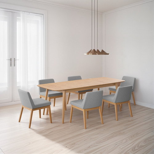 Juego De Comedor Extensible Cali De Madera Con 6 Sillas Diseño de la tela de las sillas Gris Claro - Roble