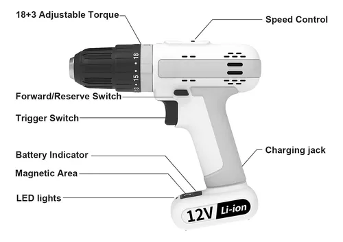  Taladro inalámbrico, pequeños taladros inalámbricos de 12 V, 18  + 3 embragues de 220 in-libras, taladro eléctrico de par de 220 pulgadas, 2  velocidades variables, portabrocas sin llave de 3/8 pulgadas