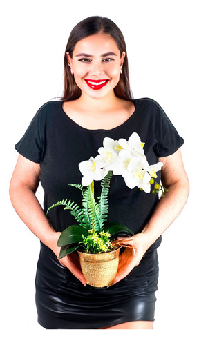 Arranjo Orquidea Artificial Vaso Dourado Flor Orquidea Rosa