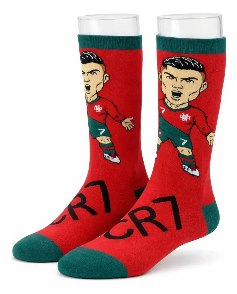 Meia Divertida Cr7 Cristiano Ronaldo Copa Adulto Cano Alto Vermelho 38-43