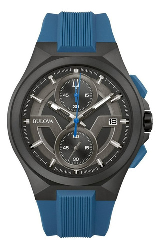 Reloj Bulova Black Dial Silicone Strap Maquina 98b380 Color de la correa Azul