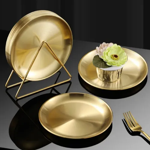 Jogo 6 Pratos Aço Inox Com Suporte Dourado