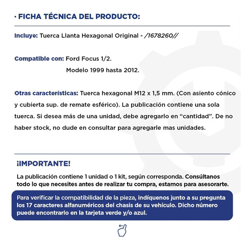 Tuerca Llanta Hexagonal Ford Focus 99/12 Original