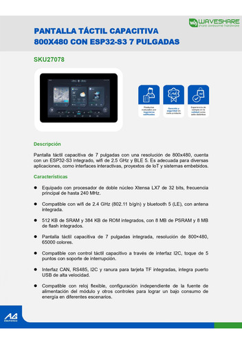 Pantalla Tactil Capacitiva 800x480 Con Esp32-s3 7 Pulgadas