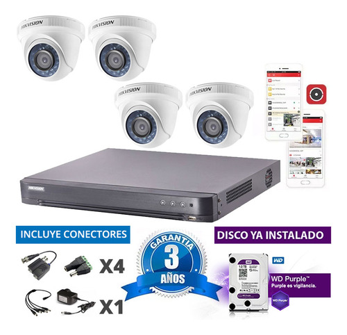 Kit Camaras Seguridad Hikvision Dvr 4ch + 4 Domos +disco 1t