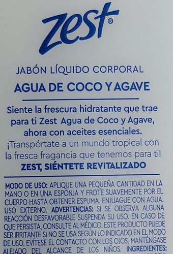 Zest Jabon Liquido Corporal Agua De Coco & Agave 400ml