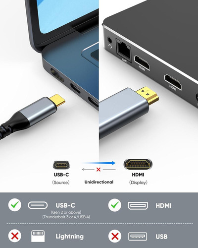 W Cabo Adaptador Usb Tipo C Para Hdmi 4k 30 Hz, 2 M, Cinza