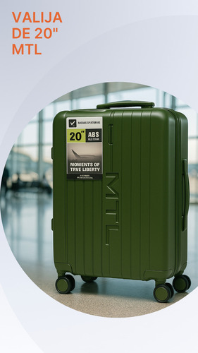 Valija Carry On 20 Pulgadas Mtl Abs Rígida Color Verde Militar Ruedas Dobles 360° Liviana Resistente Equipaje De Mano Diseño Moderno Candado Tsa Organización Eficiente Viajes Negocios Placer Reforzada