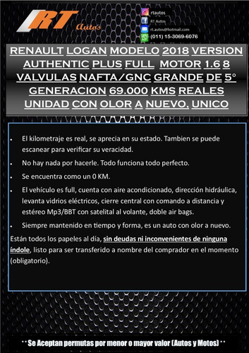 Renault Logan 2018 1.6 Con Gnc Authentic Plus Full Impecable