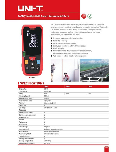 Medidor de distância a laser Uni-t Lm40