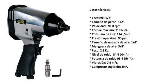 Imagen 2 de 3 de Llave Pistola Impacto 1/2'' Neumatica 310nm Barovo 7000rpm
