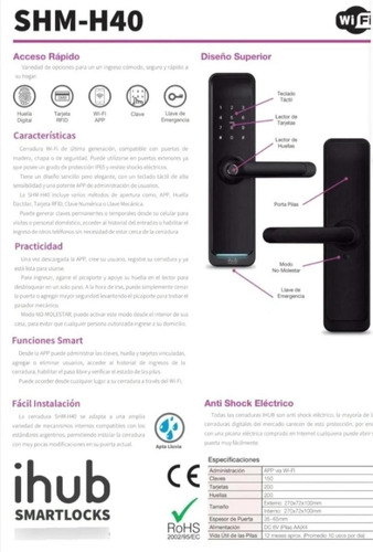 Imagen 7 de 9 de Cerradura Inteligente Ihub Shm-h40 Huella Wifi Gtia Samsung