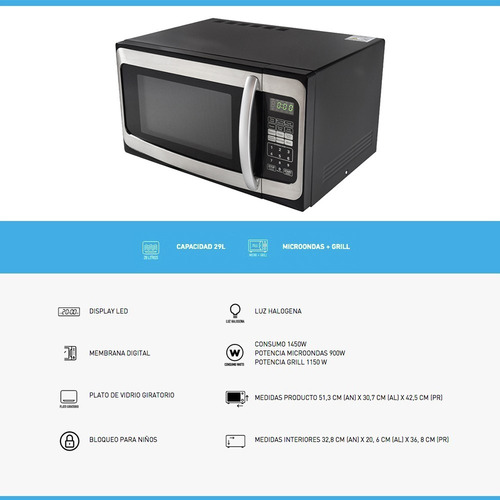 Imagen 3 de 8 de Microondas Grill 28 Litros Gris Candy Mw28l Nuevo + Garantia