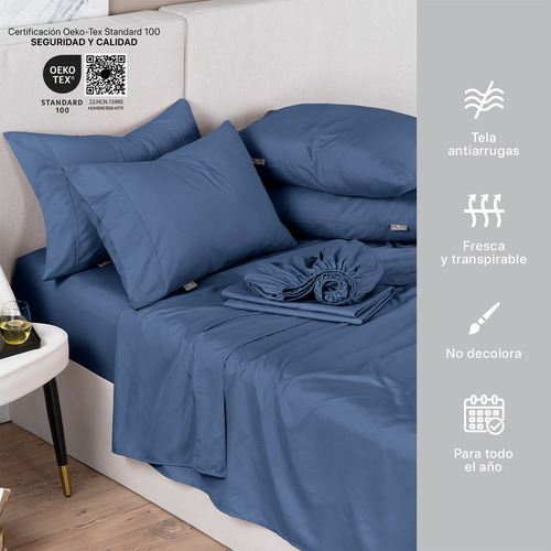 Paquete 2 Juegos Sábanas Queen Size Microfibra Real Textil Azul Liso