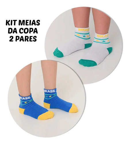 Kit 2pares Meias Meninos Brasil Copa Escolar Futebol Criança Azul + Branco 30-33