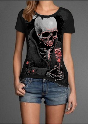 Blusa Fem. 5%off Skull Caveira Com Rosa Top Exclusiva Insana