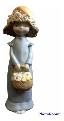 Figura Antigua De Porcelana Kinka, Niña Con Flores, Año 1988
