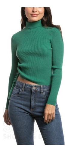Sweater Gathered Hi Neck Knit Verde Mujer