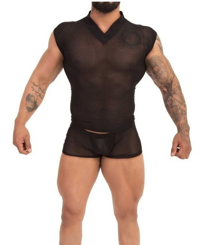 Sexy Camisa Y Boxer Para Hombre Semitransparente Tela Mesh 