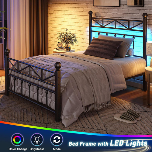 Base De Cama Individual Negra Con Luz Led