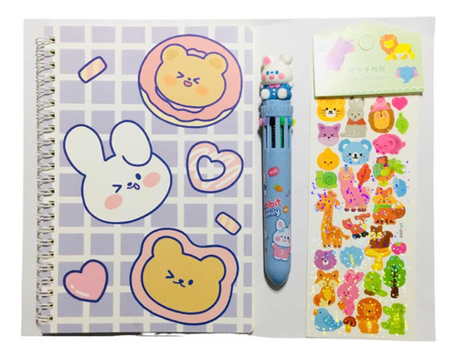 Set Libreta Lápiz Y Stickers Kawaii