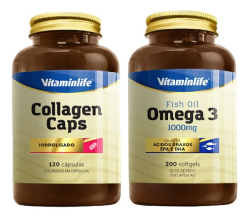 Kit Colageno + Omega 3 Capsulas Vitaminas Vitaminlife Sabor Sem Sabor