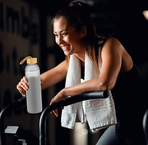 20 Botella De Vidrio Para Agua Bebidas Tapa Bambu Silicona Color Gris