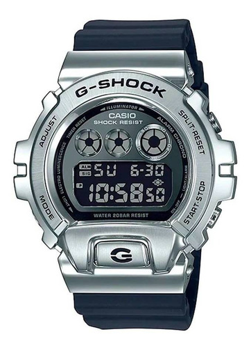 Relógio de pulso Casio G-Shock GM-6900 com corpo prateado,  digital, para masculino, fundo  cinza e preto, com correia de resina cor preto, subdials de cor cinza, subesferas cor cinza e prateado, ponteiro de minutos/segundos cinza, bisel cor prateado, luz verde-azulado