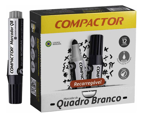 Pincel Para Quadro Branco Recarregável Preto Compactor 12un