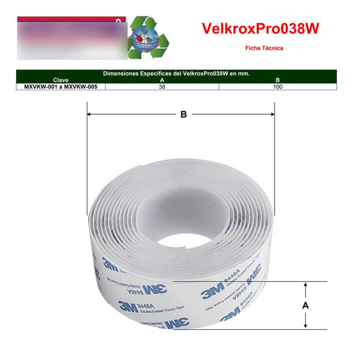 Cierre Adhesivo Textil, Mxvkw-001, 1 Pza, 38mm, 1m, Blanco,