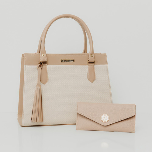 Bolsa Feminina De Mão Com Alça Transversal Kit com Carteira Cor Nude-creme