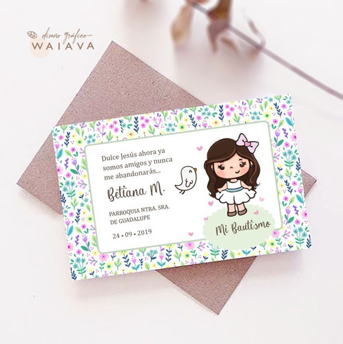 Imagen 9 de 10 de Estampitas Bautismo Tarjetas Estampas Nenas Horizontal X 3u
