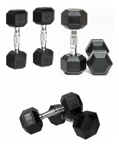 Set 6 Mancuernas Rubber Hex Dumbbell Pares 15lb 20lb 25lb