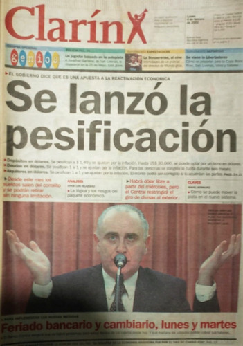 Diario Clarin Lunes 4 Febrero 2002 Se Lanzo La Pesificacion