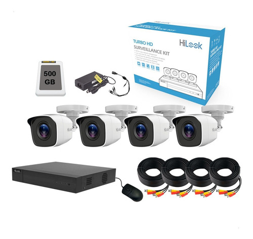 Kit Videovigilancia 4 Camaras Metal 1080p Dvr 4 Hilook 500gb Color Blanco