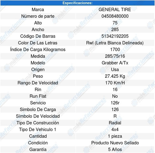 1 Llanta 285/75r16 126r General Tire Grabber A/tx
