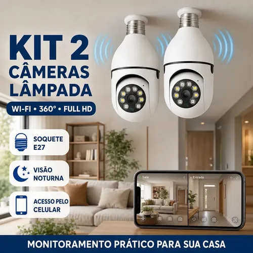 Kit 2 Cameras De Seguranca Lampada Wi Fi Full Hd 1080p Para Monitoramento Interno