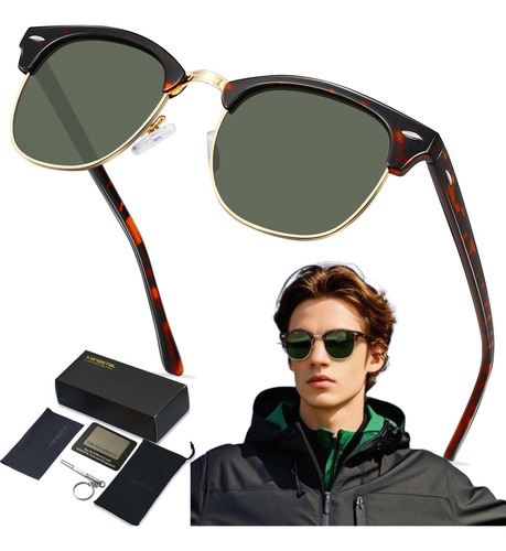 Lentes De Sol Hombre Mujer Moda Uv Polarizado Clásico Retro Color Carey/verde