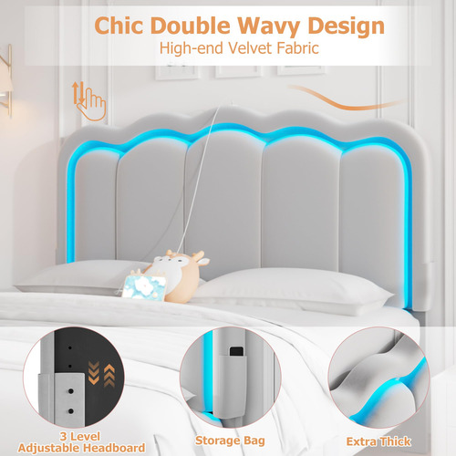 Base De Cama Matrimonial Led Tapizada Con 2 Cajones Y Cabece